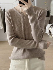 Buttoned Solid Color Long Sleeves Round-Neck Sweater Tops Pullovers