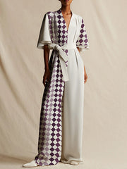 Asymmetric Plaid Pleated Tied Waist Zipper Flared Sleeves Loose V-Neck Jumpsuits