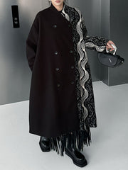 Buttoned Contrast Color Pockets Long Sleeves Loose Stand Collar Woolen Coat