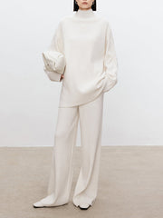 Solid Color Long Sleeves High-Neck Sweater Top + Wide Leg Pants Bottom Two Pieces Set