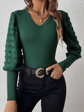 Jacquard Mesh See-Through Solid Color Split-Joint Long Sleeves Puff Sleeves V-Neck T-Shirts Tops