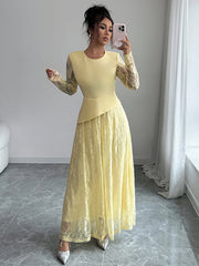 Asymmetric Flower Print Layered See-Through Solid Color Split-Joint A-Line Irregularity Round-Neck Maxi Dresses