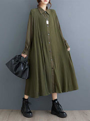 Buttoned Pleated Pockets Split-Joint A-Line Long Sleeves Lapel Shirt Dress Midi Dresses