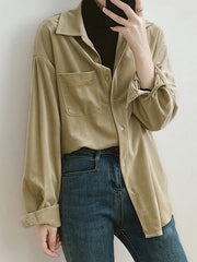 Casual Long Sleeves Loose Buttoned Solid Color Lapel Collar Blouses&Shirts Tops