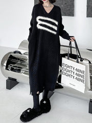 Split-Joint Split-side Long Sleeves Loose V-neck Sweater Dresses Midi Dresses