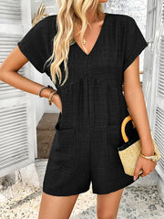 Backless Pockets Solid Color High Waisted Loose V-neck Rompers