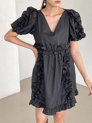 Ruffle Trim Split-Joint A-Line Loose V-Neck Mini Dresses