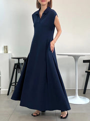 Pleated Solid Color Loose Raglan Sleeve Lapel Maxi Dresses