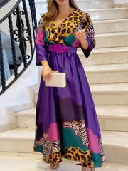 Leopard Long Sleeves Loose V-neck Maxi Dresses