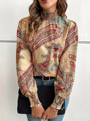 Buttoned Elasticity Flower Print Hollow Split-Joint Long Sleeves Loose Mock Neck Blouses&shirts Tops
