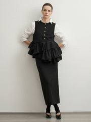 Asymmetric Buttoned Contrast Color Layered Ruffled Split-Joint Column Irregularity Lapel Shirt Dress Maxi Dresses