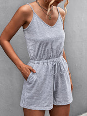 Drawstring Pockets Solid Color High Waisted Loose Spaghetti-Neck Rompers