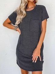 Contrast Color Pockets Split-Joint Striped A-Line Loose Round-Neck Mini Dresses