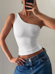 Solid Color Skinny Sleeveless One-Shoulder Vest Top
