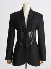 Buckle Gauze See-Through Solid Color Split-Joint Long Sleeves Notched Collar Blazer