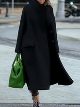 Buttoned Pockets Solid Color Split-Joint Long Sleeves Loose Stand Collar Woolen Coat