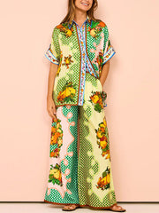 Contrast Color Floral Printed Loose Short Sleeves Lapel Shirt Top&Pants Two Pieces Set