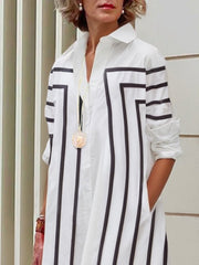 Buttoned Striped Half Sleeves Loose Lapel Shirt Midi Dresses