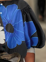 Half Sleeves Loose Contrast Color Floral Printed Boat Neck Blouses&Shirts Tops