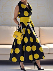 Pockets Polka-Dot Split-Joint Tied Waist A-line Loose Lapel Shirt Dress Maxi Dresses