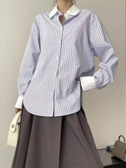 Pleated Split-Joint Striped Irregular Clipping Lapel Blouses
