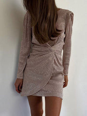 Knot Shiny Solid Color Zipper Bodycon High Waisted Round-Neck Mini Dresses