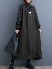 Pleated Pockets Solid Color Split-Joint A-Line Long Sleeves High Neck Midi Dresses