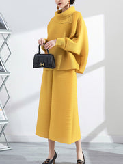 Simple Loose Long Sleeves Pleated Solid Color High-Neck T-Shirt Top&Wide Legs Pants Two Pieces Set