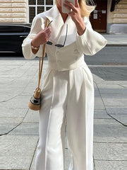 Buttoned Pleated Solid Color High Waisted Long Sleeves Lapel Outwear + Pants Two Pieces Set
