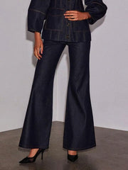 Pockets Solid Color High Waisted Wide Leg Jean Pants Bottoms