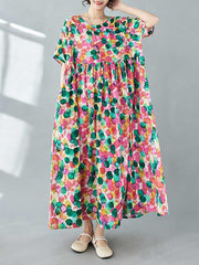 Pleated Polka-Dot Printed Split-Joint Half Sleeves Loose Round-Neck Midi Dresses