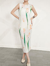 Flower Print Pleated Loose Sleeveless Round-Neck Midi Dresses