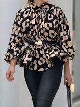 Leopard Pleated Printed Loose Puff Sleeves High Neck Blouses&Shirts Tops