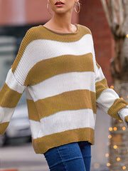Contrast Color Striped Long Sleeves Loose Round-Neck Sweater Tops Pullovers