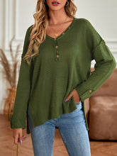 Buttoned Split-Side Long Sleeves Loose V-Neck Sweater Tops Pullovers