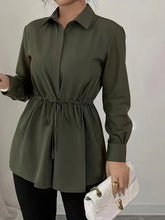 Drawstring Pleated Solid Color Tied Waist Elasticated Waist Long Sleeves Lapel Blouses&Shirts Tops