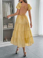 Backless Pleated Solid Color Tied A-Line Loose V-Neck Midi Dresses