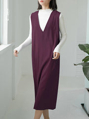 Casual A-Line Sleeveless Solid Color V-Neck Midi Dresses