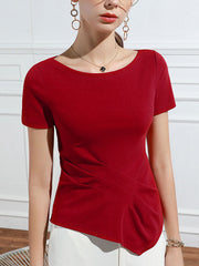 Pleated Solid Color Irregular clipping Short Sleeves Round-neck T-Shirts Tops
