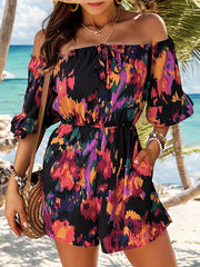 Drawstring Elasticity Pockets Printed Split-Joint Flared Sleeves Half Sleeves Off-The-Shoulder Rompers