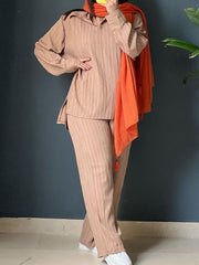 Lapel Pleated Solid Color High-Low Long Sleeves Split-Side Shirts Top + Pants Bottom Two Pieces Set
