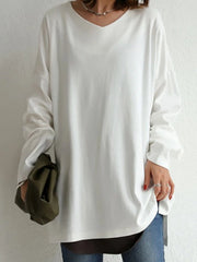 Solid Color Simple V-Neck High-Low Long Sleeve T-Shirts