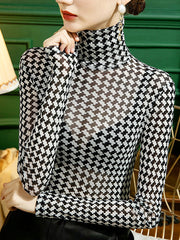 Contrast Color Split-Joint Long Sleeves Plus Size High Neck T-Shirts Tops