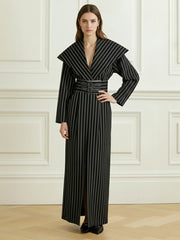 Belted Contrast Color Split-Front Split-Joint Striped Bodycon Elasticated Waist Deep V-Neck Maxi Dresses Blazer