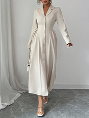 Buttoned Pleated Solid Color Split-Joint A-Line High Waisted Notched Collar Shirt Dress Maxi Dresses
