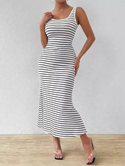 Split-Joint Striped Bodycon Sleeveless U-neck Midi Dresses