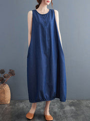 Buttoned Pleated Solid Color A-line Loose Round-neck Midi Dresses