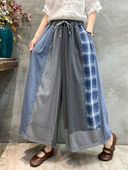 Loose Drawstring Elasticity Plaid Split-Joint Ninth Jean Pants Bottoms