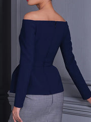 Long Sleeves Skinny Buttoned Solid Color Off-The-Shoulder Blouses&Shirts Tops