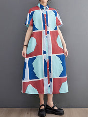Cartoon Printed Multi-Colored Loose Short Sleeves Lapel Shirt Dress Midi Dresses